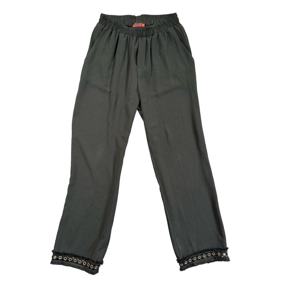 ISLE by Melis Kozan Black Pull On Crop Pants Polyester Grommet Fringe Hem Size S